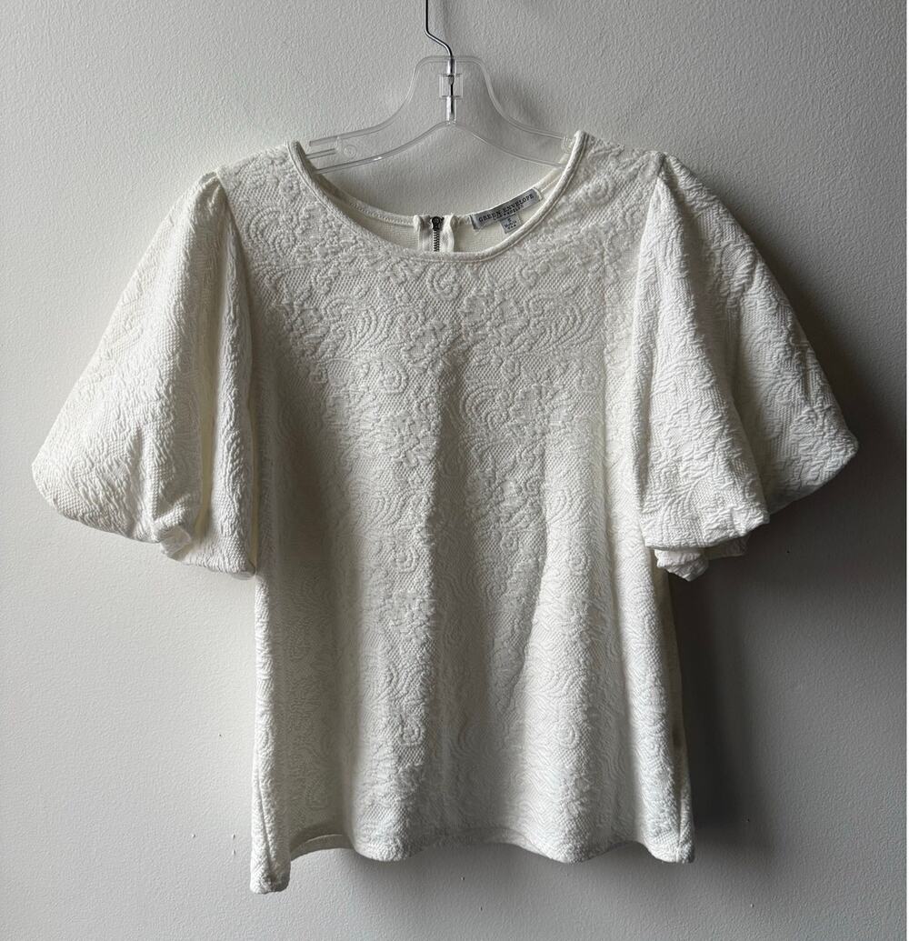 Textured White Paisley Balloon Puff Sleeve Shirt Womens S Cottage Coquette Retro